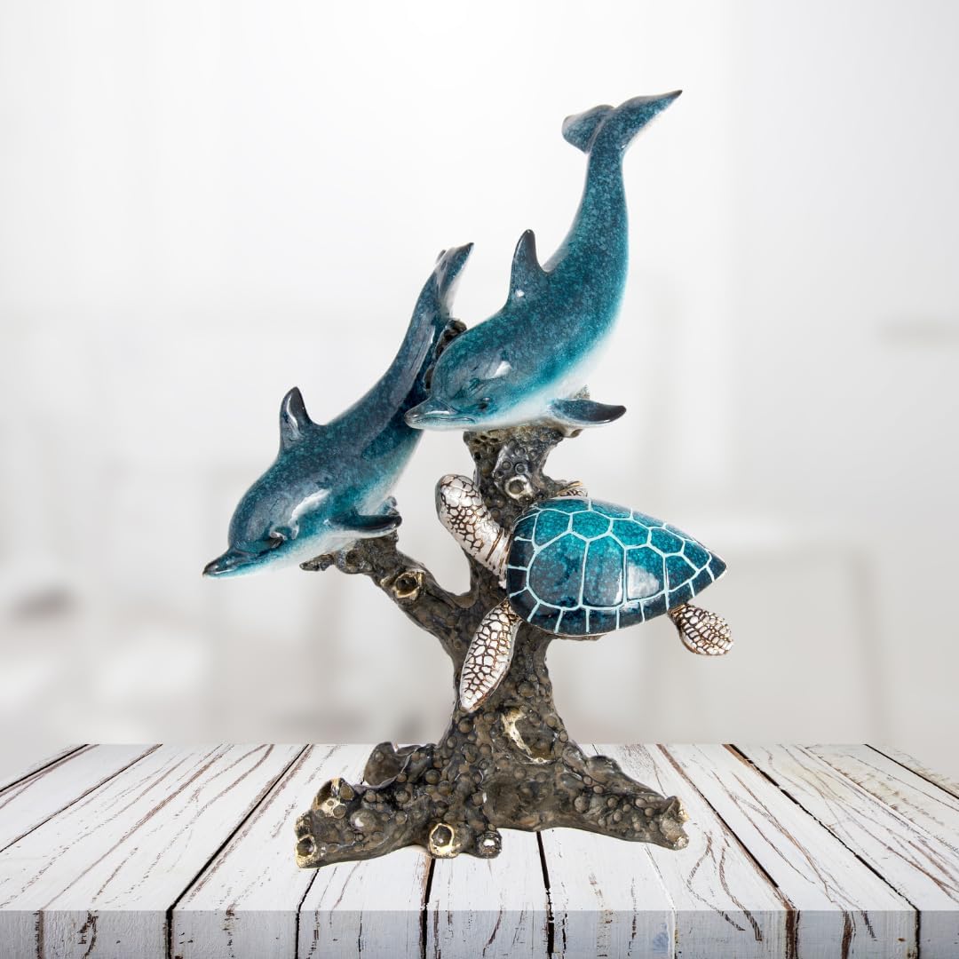 Dolphins and Sea Turtle Swimming on Coral Reef – Ocean Figurine Coastal Tabletop Decor | Sea Life Sculpture Beach House Nautical Room Accents (10.75 x 9.5 in) by Corner Merchant