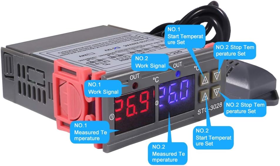 STC-3028 DC 12V Digital Display Thermostat Temperature Controller Adjustable Thermostat Controller with SHT20 Waterproof Sensor