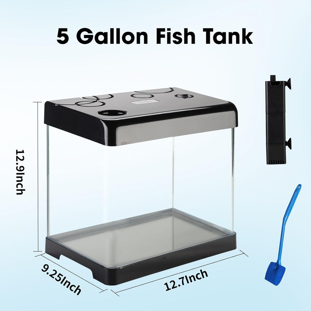 Betta Fish Tank Starter Kits, 5 Gallon Fish Tank with Heater Filter and Light, Self-Cleaning Small Fish Tank(Black).
