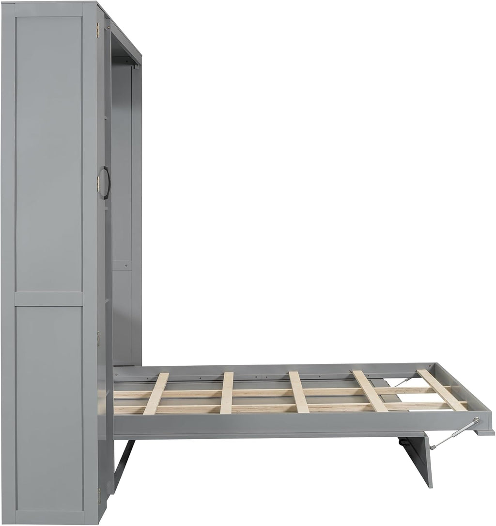 Merax Queen Size Murphy Bed Wall Bed with Shelves, Drawers and LED Lights,Gray