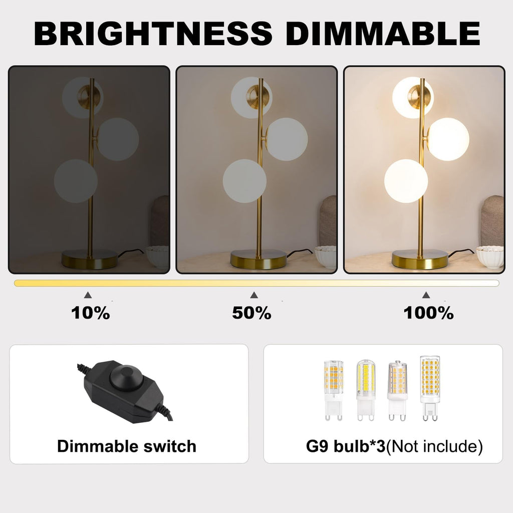 Modern Gold Globe Table Lamp Mid Century 3-Light Desk Lamp with Milk White Glass Shade Metal Base Nightstand Lamp for Bedroom Bedside End Table,G9 Bulb(Not Included)