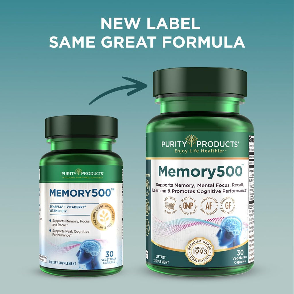 Purity Products Memory500 Bacopa monniera/Brahmi Elite Nootropic Complex - Supports Peak Cognitive Performance*, Increased Learning Speed* and Healthy Memory & Recall* - 30 Vegetarian Caps