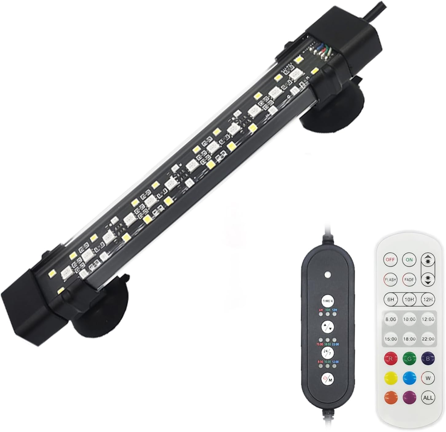 Submersible LED Aquarium Light 24/7 Mode, Full Spectrum Hidden Fish Tank Light with 3 Rows Beads 7 Colors Auto On Off Sunrise-Daylight-Moonlight, Adjustable Timer Remote Control