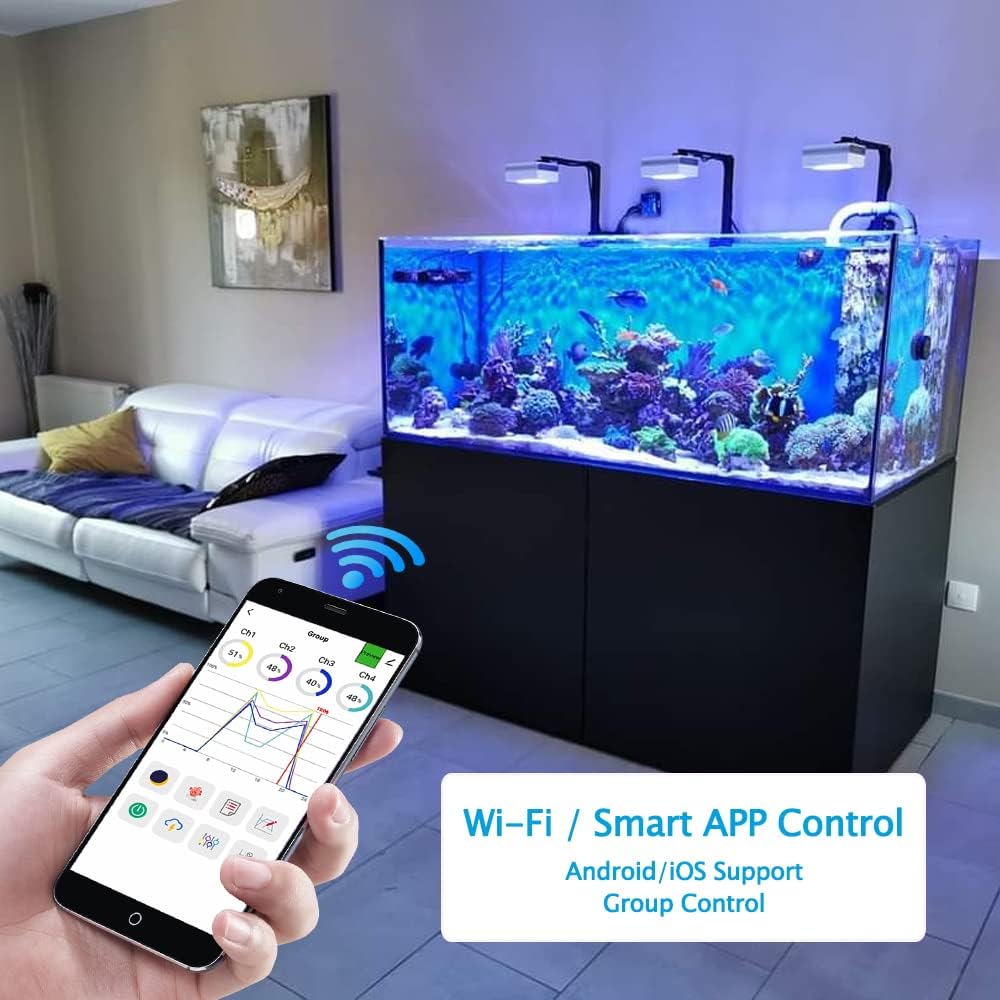 PopBloom RL90 WiFi Reef LED Light, 400W Reef Aquarium Lighting for SPS LPS Corals and Saltwater Fish Tanks, Enhanced Violet and Blue Spectrum,APP Fully Programmable (4 Lights with Mount Arm kit)