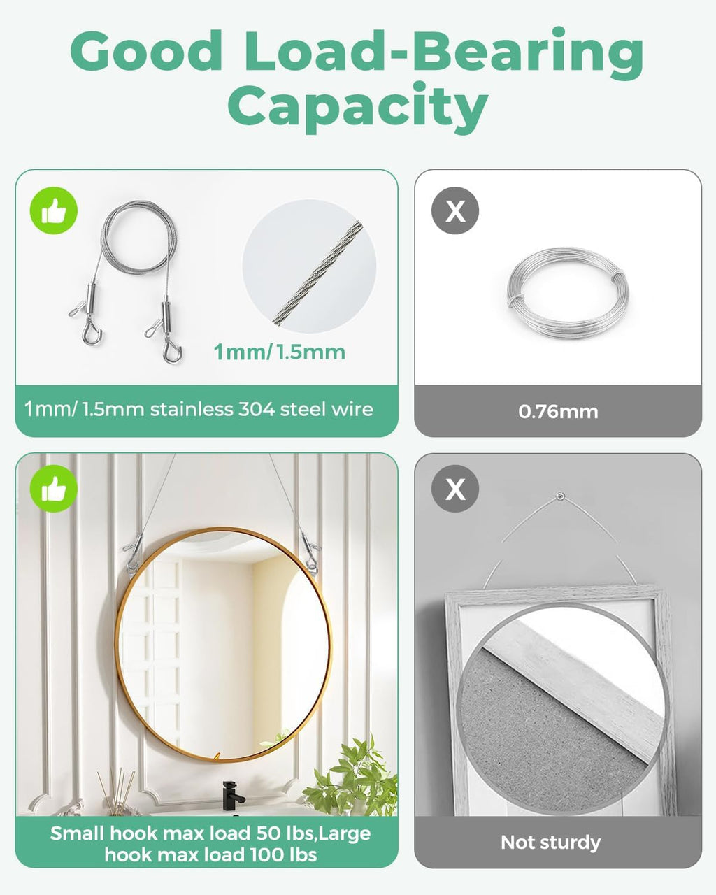 Adjustable Picture Hanging Wire, 2PCS 1m x 1mm Small Hooks + 2PCS 2m x 1.5mm Large Hooks Picture Frame Wire Kit Heavy Duty up to 100lbs, Stainless Steel for Mirror, Light, Flowerpot