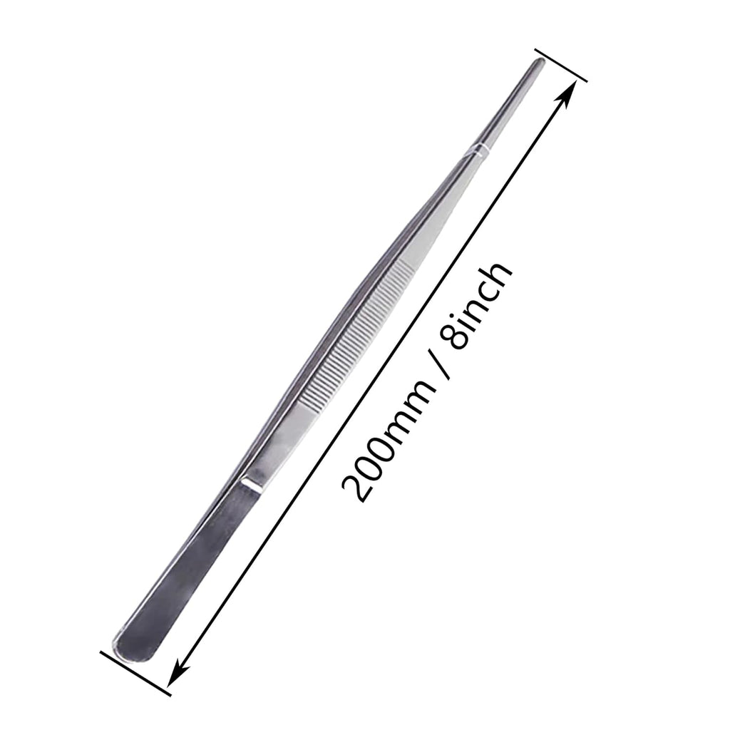 Long Forceps Tweezers, Serrated Bent Flat Tips Precision Curved Science Surgical Tongs Jewelers Needle Metal Sewing Sharp Small Kitchen Cooking Tweezers With Teeth Knurled Handles (1PCS)