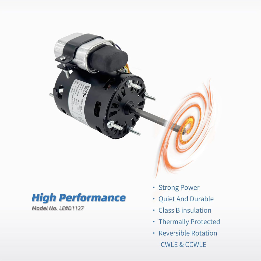 9721, D1127 Refrigeration Fan Motor Replaces Fasco Blower D1101 1126 Century 9650 AO Smith 9656 Bohn 25309101 5008, 1/12HP, 1/15, 1/20HP, 3.3in 1550RPM 115/230V, 60Hz 1.1/0.6A PD1127 EM1127
