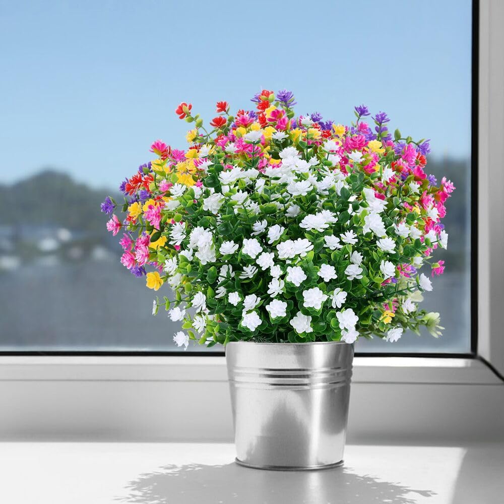 8 Bundles Artificial Flowers, Fake Artificial Greenery UV Resistant No Fade Faux Plastic Plants for Wedding Bridle Bouquet Indoor Outdoor Home Garden Kitchen Office Table Vase