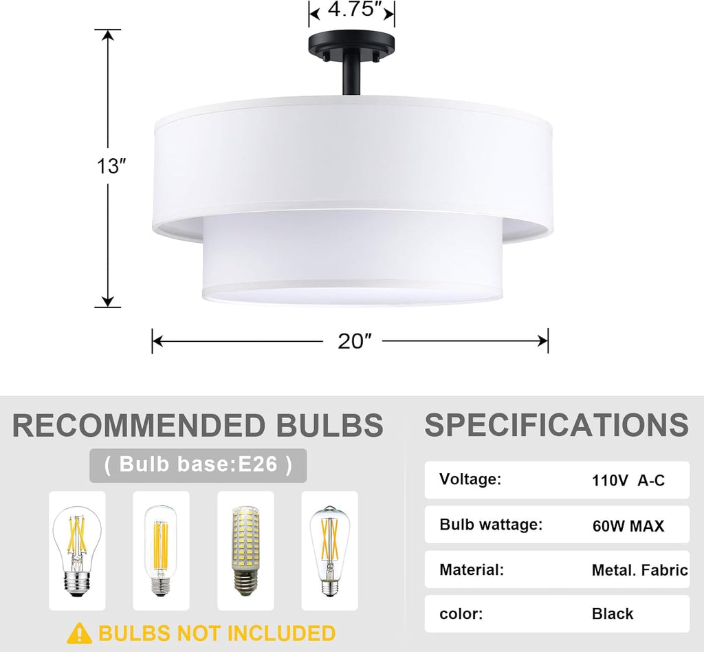 4 Light Off White Double Drum Fabric Shade Semi Flush Mount Ceiling Light,Close to Ceiling Light Fixture Black Finish,20 inch Semi Flush Drum Light for Bedroom,Living Room,Dining Room Hallway