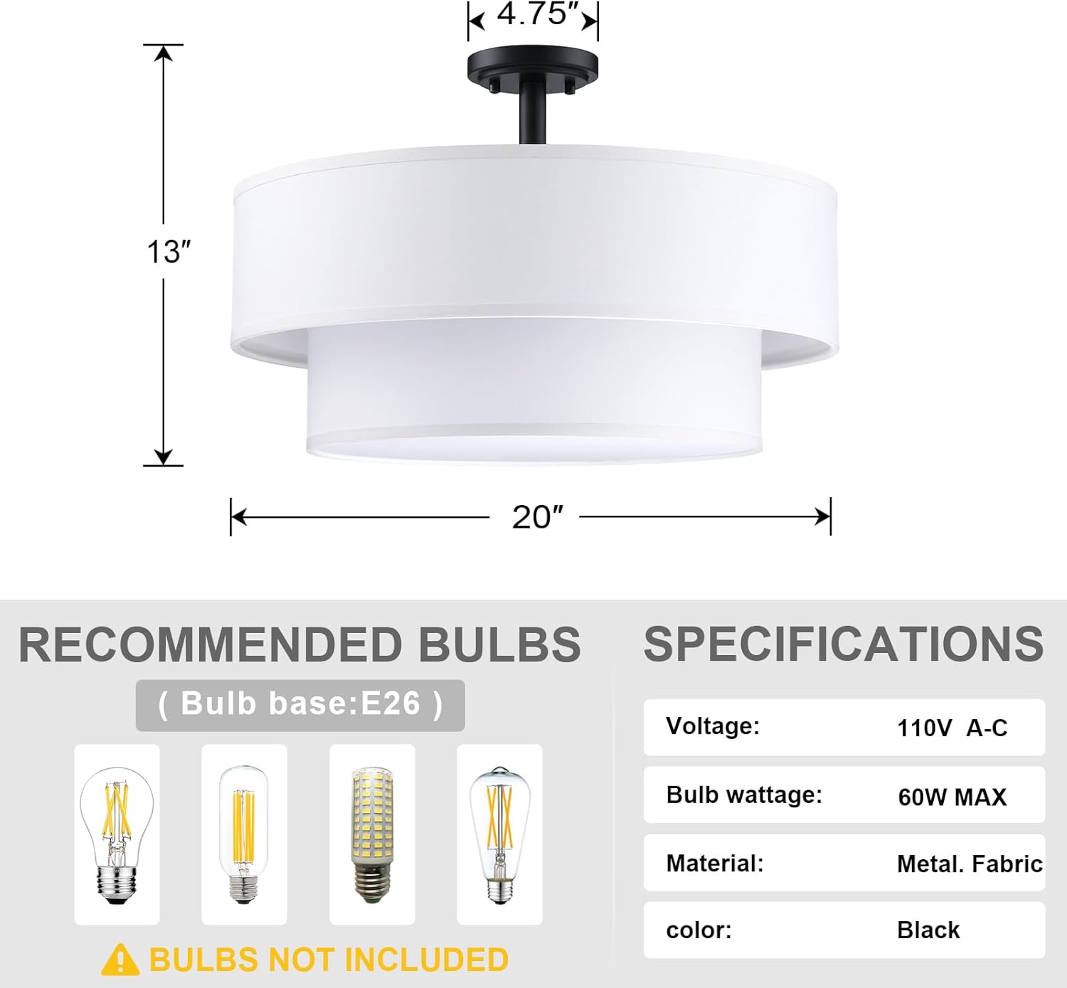 4 Light Off White Double Drum Fabric Shade Semi Flush Mount Ceiling Light,Close to Ceiling Light Fixture Black Finish,20 inch Semi Flush Drum Light for Bedroom,Living Room,Dining Room Hallway