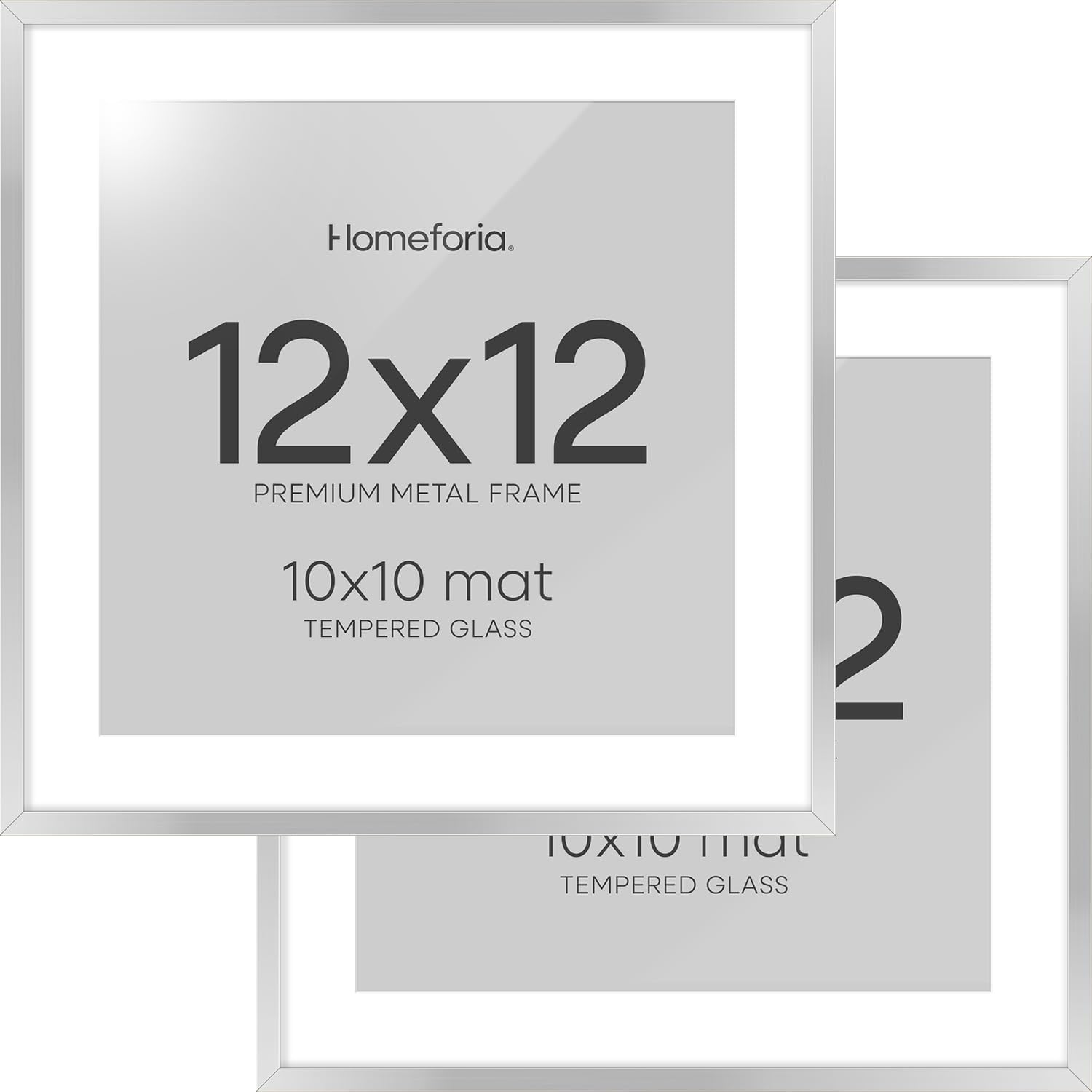 Homeforia 12x12 Silver Frame, High End Metal 12 x 12 Square Picture Frame with Mat 10 x 10 Photo, 12x12 Poster Frames Matted to 10x10 Print, 12 by 12 Hanging Frames, Tempered Glass, Wall Kit, Set of 2