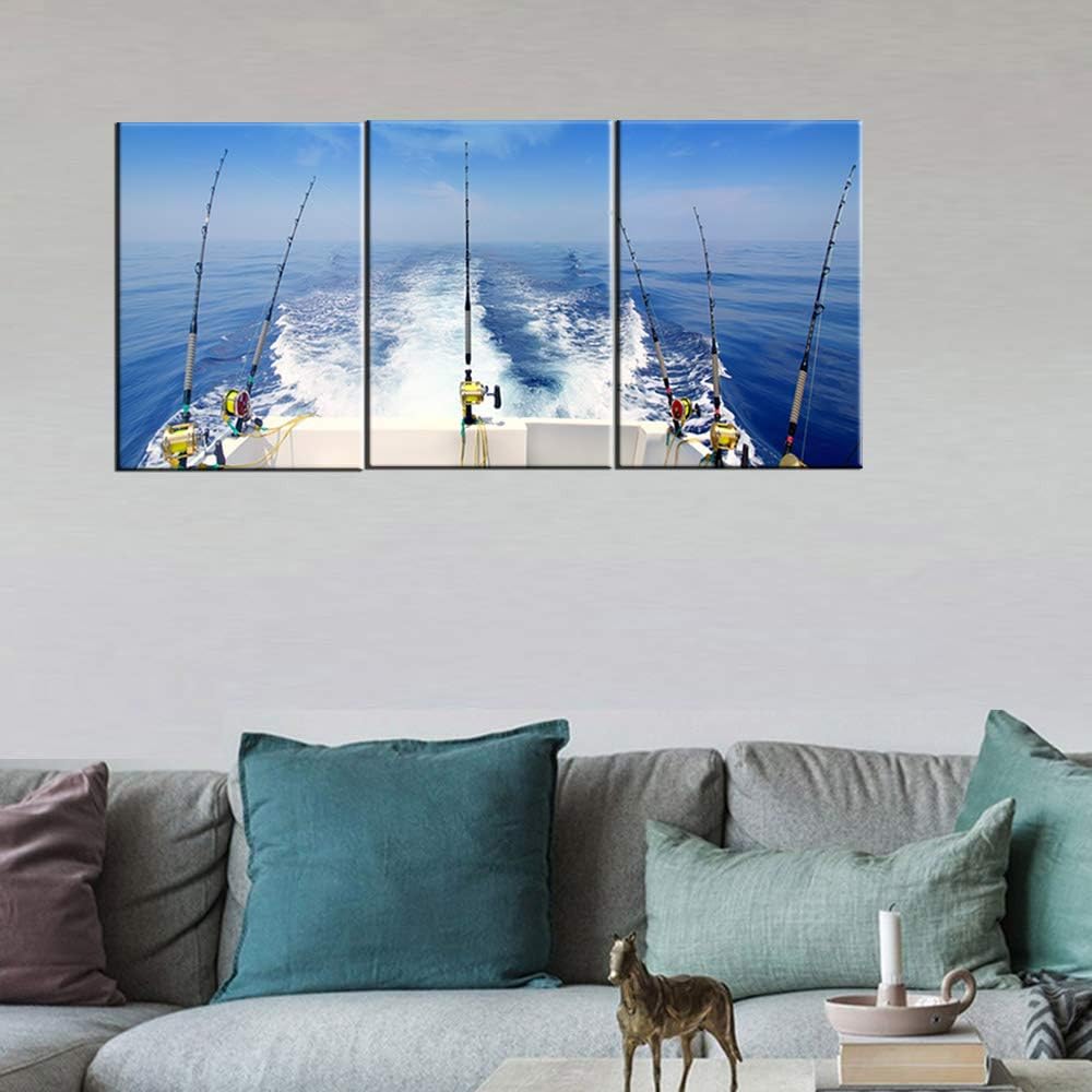 Angling Paintings for Living Room Fishing Tackle Wall Art Seascape Pictures 3 Panels Printed on Canvas Stretched Home Modern Decor Contemporary White Artwork Giclee Framed Ready to Hang(48''Wx 24''H)