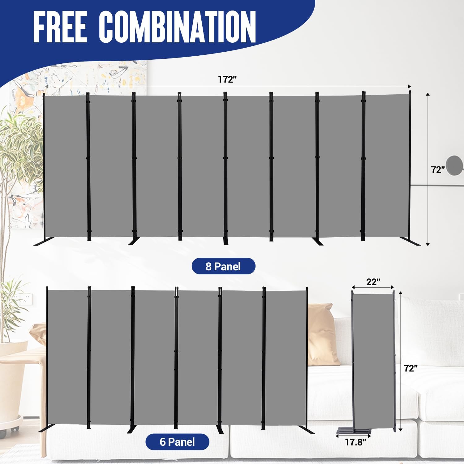 Room Divider and Folding Privacy Screens 8 Panel, 14.67 Ft Wide Partition Room Dividers, Portable Room Divider Panel for Room Separtition, Large Wall Dividers for Room, Office, School,Studio Grey