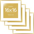 Homeforia 16x16 Picture Frame Gold, High End Metal 16 x 16 Square Poster Frame with Mat 12 x 12 Photo, 16x16 Frame Matted to 12x12 Print, 16by16 Gold Hanging Frames, Tempered Glass, Wall Kit, Set of 4