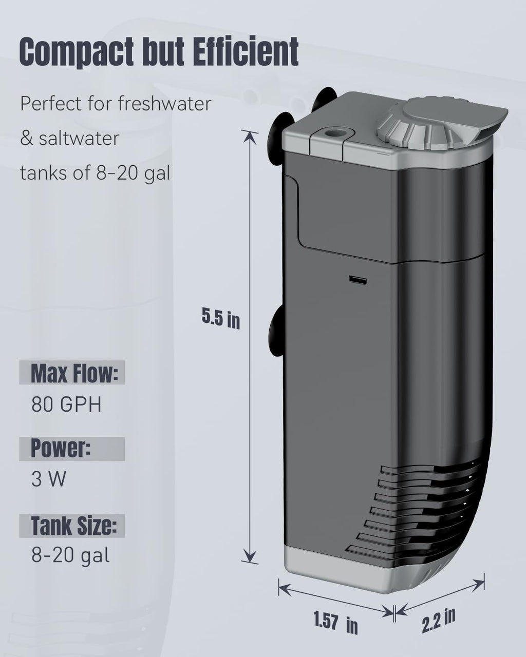 Pawfly Aquarium Filter, 3 W Small Fish Tank Filter, Internal Submersible Aquarium Filter with Foam & Adjustable Water Pump, Quiet Filter for 8-20 Gallon Fish Tanks