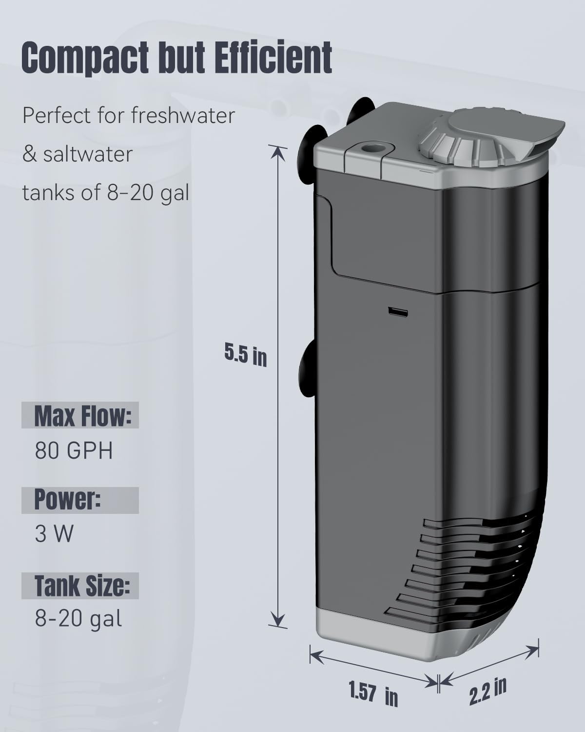 Pawfly Aquarium Filter, 3 W Small Fish Tank Filter, Internal Submersible Aquarium Filter with Foam & Adjustable Water Pump, Quiet Filter for 8-20 Gallon Fish Tanks