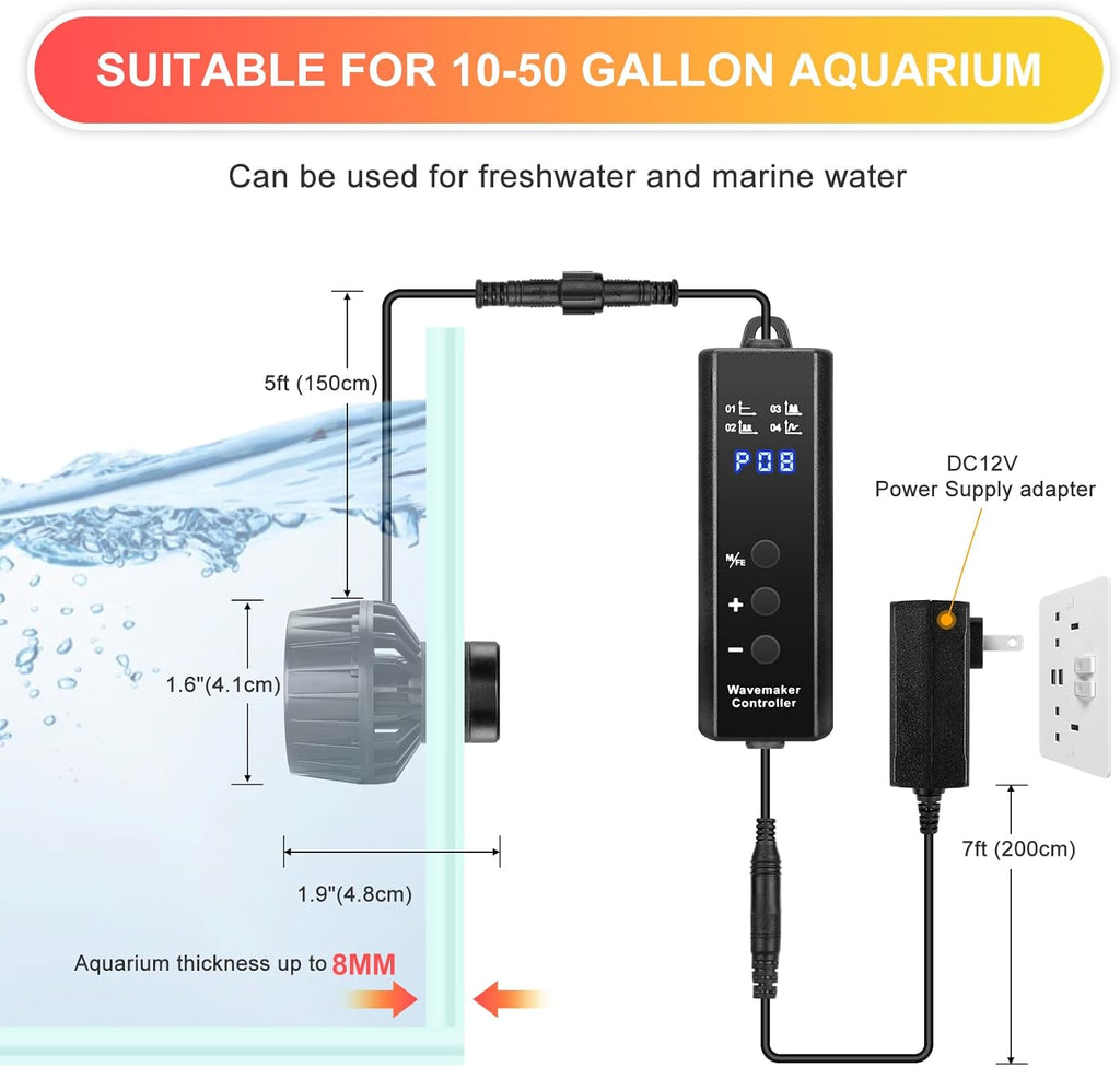 1050GPH Aquarium Wave Maker with Controller Mini DC12V 6W Powerhead with Magnetic Mounting, Nano Wavemaker for 10 to 50 Gallon thickness up to 8mm(1/4") Tank,