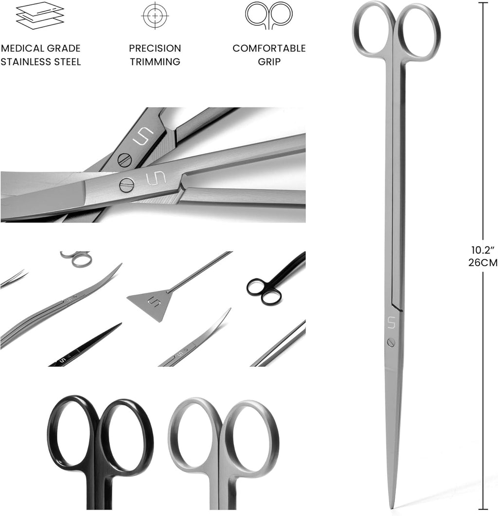 UNS Aquascaping Tools - Stainless Steel, Rust Resistant, Freshwater Planted Tank, Saltwater Reef Aquarium Maintenance Accessory - Trimming Stems & Carpets, Coral Cutting - Straight Scissors, Grey
