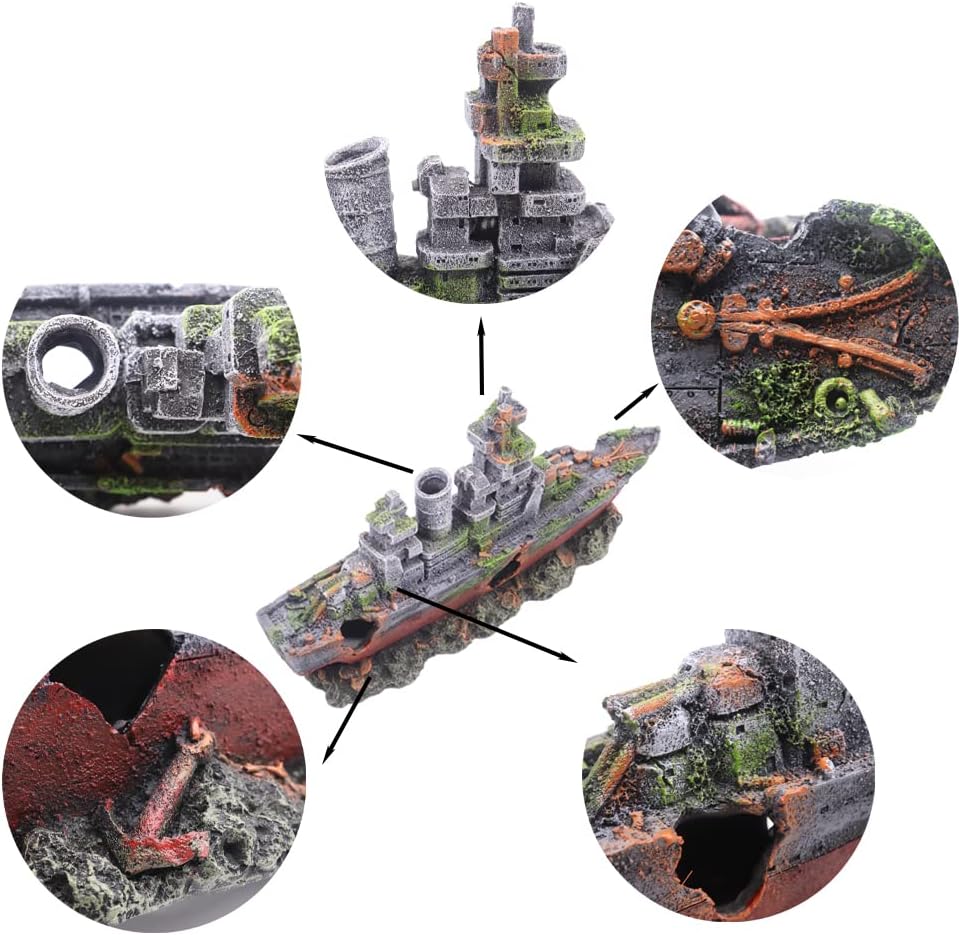 Ulifery Aquarium Shipwreck Sunken Pirate Ship, Submarine Fish Tank Decorations Resin Battleship for Betta Extra Large XL for 55-75 Gallon Tank