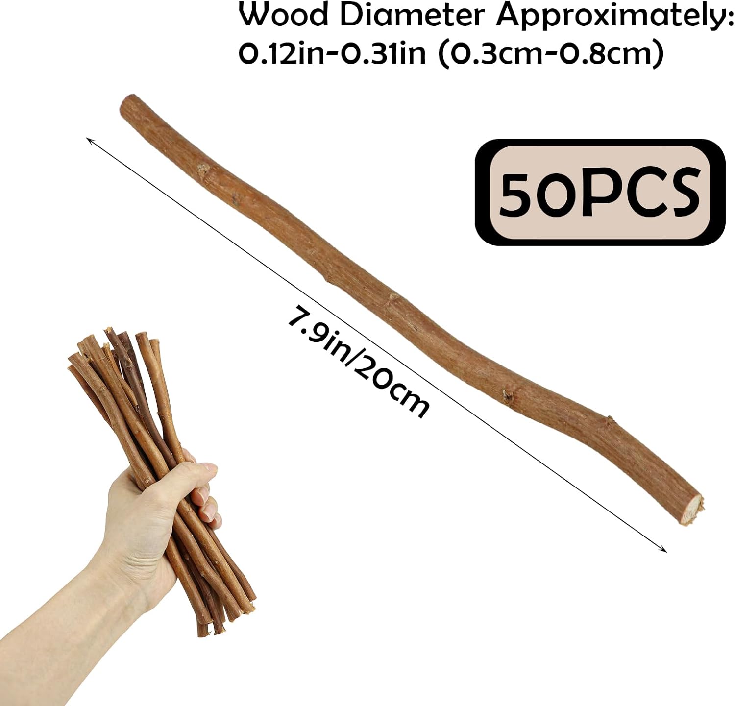 50Pcs Natural Twigs, Driftwood Branches, Unfinished Timber Rods for Model Making, Home Decor & Art Supplies (Brown 20CM)