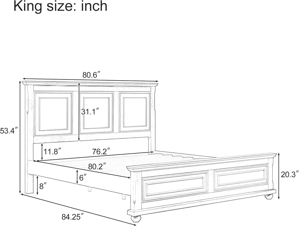 Merax King Bed Frames Traditional Town and Country Style Pinewood Vintage Bed,White