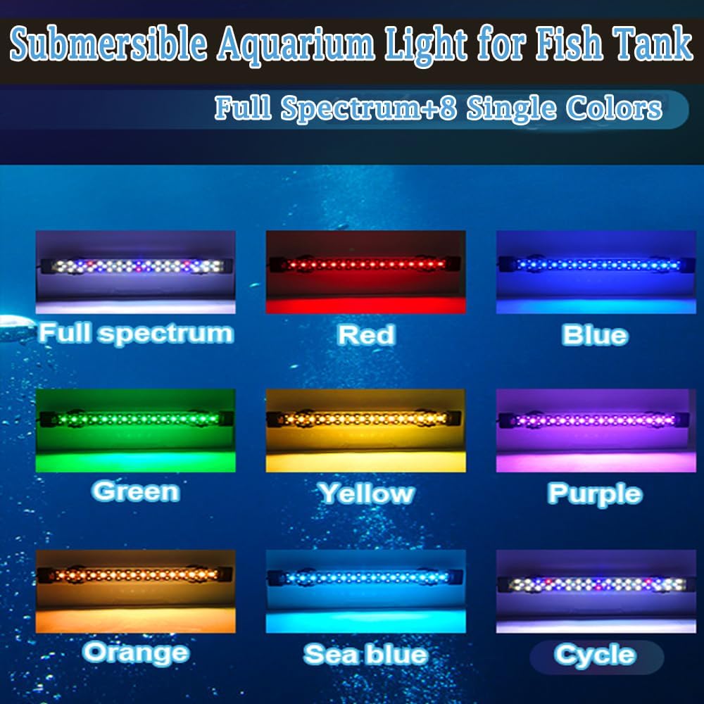 Submersible Aquarium Light for Fish Tank,24/7 Mode Full Spectrum LED Fish Tank Light with Air Bubble Hole RGB Color Changing Brightness Timer Adjustable,11.8inch 10W Fish Light
