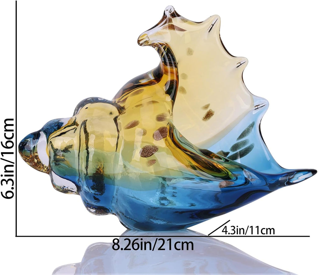 Hand Blown Glass Conch Statues, Blue and Amber Glass Art Figurines, Conch Shells for Coastal Home Decor, Living Room TV Stand and Bookcase Decor, Bathroom Shelf Tops and Cabinet Decor.