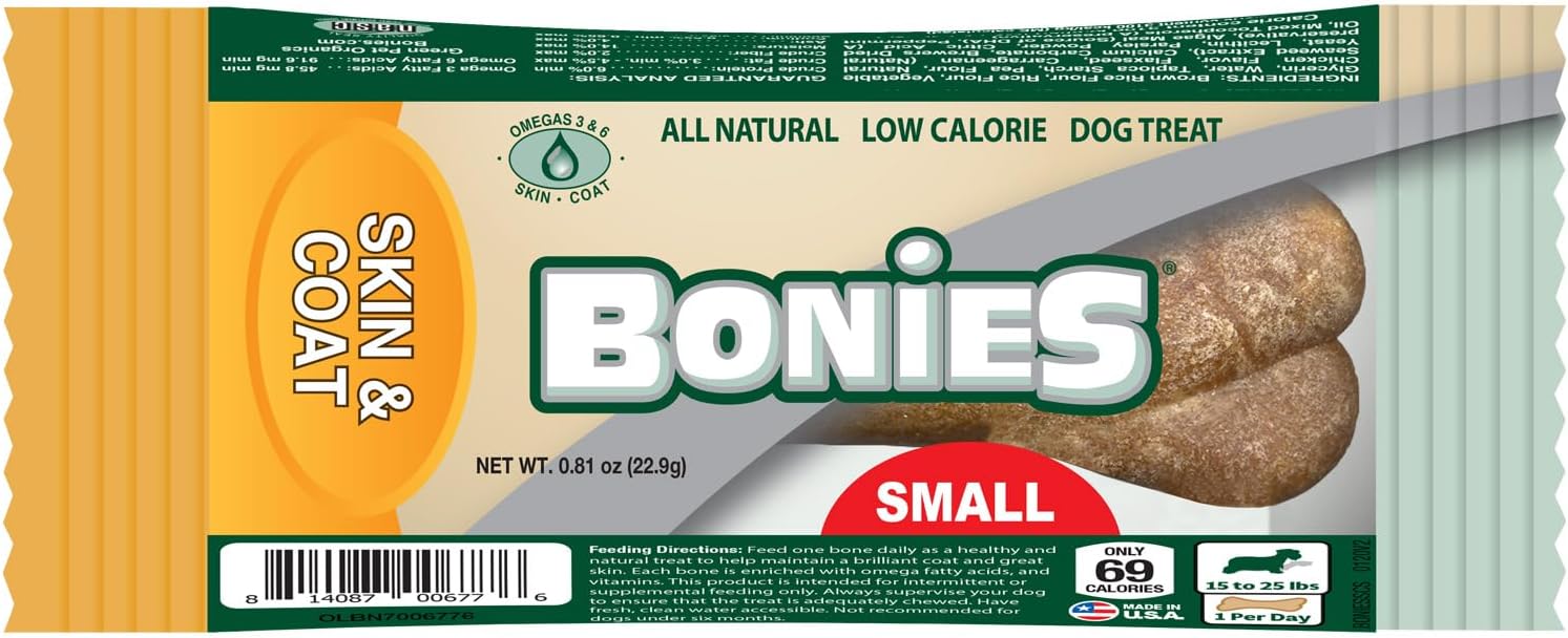 Bonies Natural Skin & Coat Formula Small-Sized Single Bone - Promote Silky Coat & Healthy Skin, Healthy Teeth & Fresh Breath, Low Calories - Chicken Flavor, Small Dog, 1 Bone