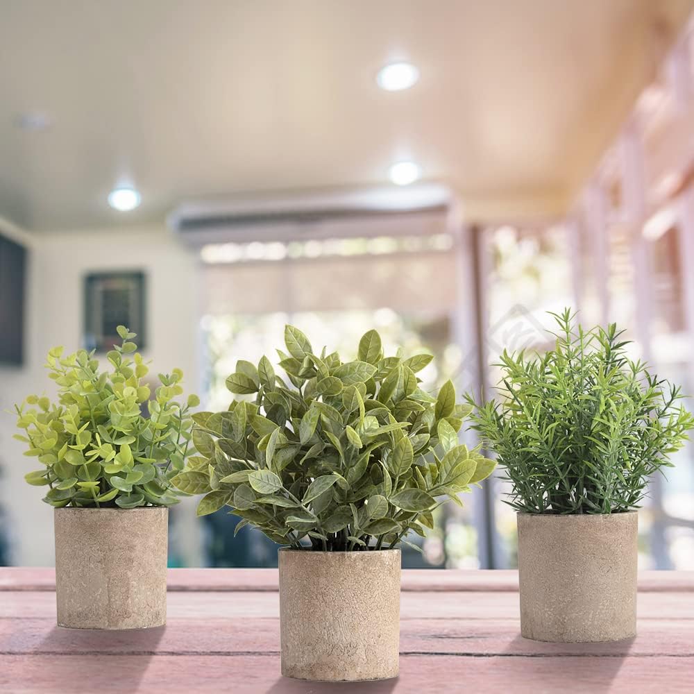 homEdge Artificial Mini Potted Eucalyptus, 3 Packs Artificial Plastic Plant Greenery with Pot for Home, Office Desk Decoration