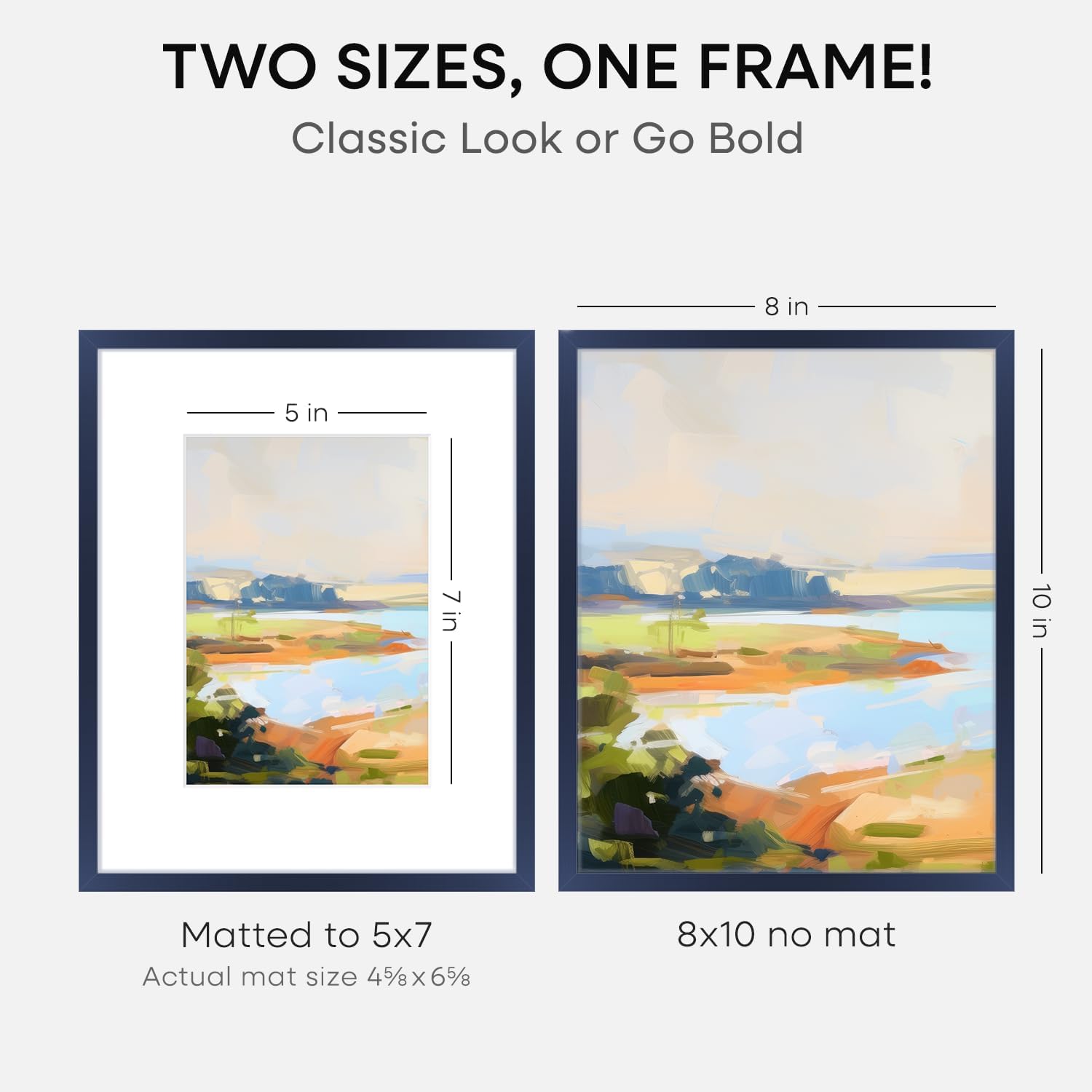 Homeforia 8x10 Picture Frame Navy Blue, High End Metal 8 x 10 Poster Frames with Mat 5 by 7 Print, 10x8 Thin Frame Matted to 7x5 Photo, 8by10 Wall or Tabletop Frame, Tempered Glass, Wall Kit, Set of 1