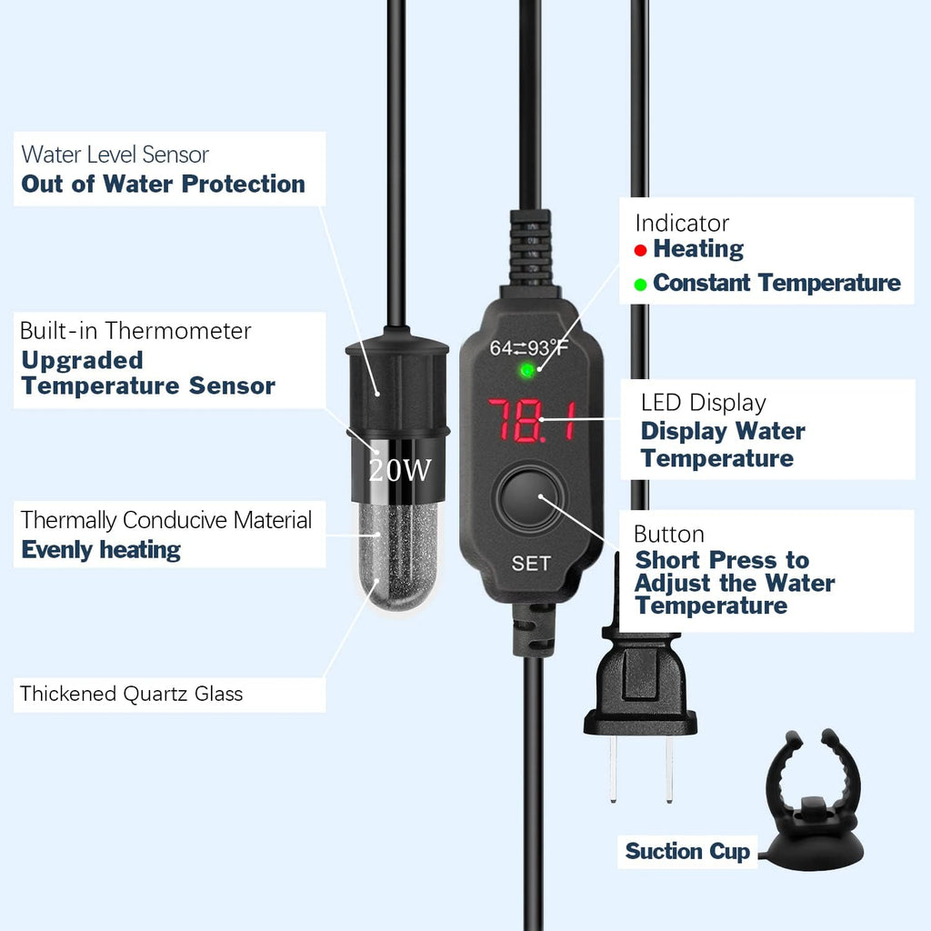 Adjustable Mini Aquarium Heater 0.5/1/2/3 Gallon Submersible Small Fish Tank Heater 10W/20W/30W Digital Display Thermostat External Temperature Controller(20W)