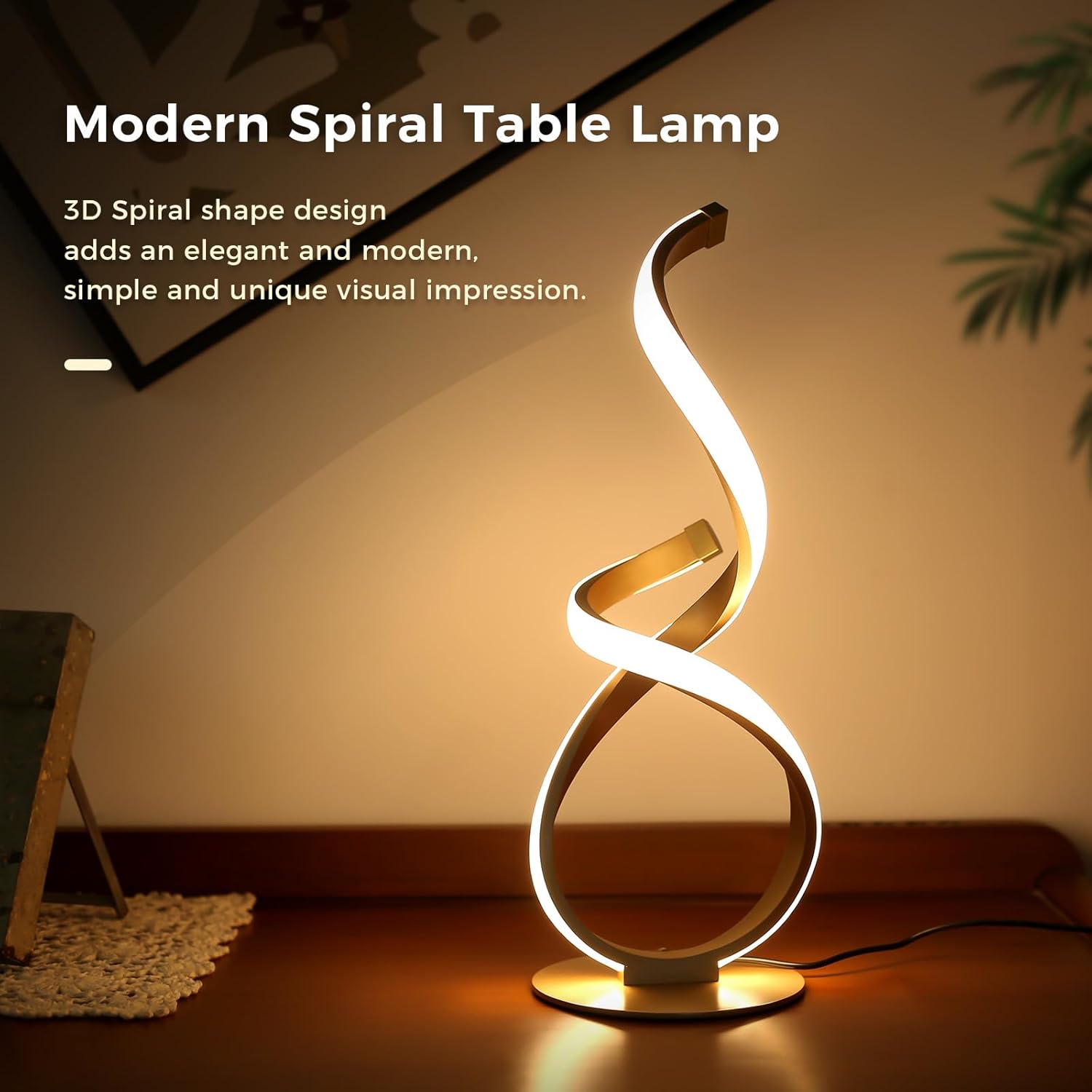 2 Pack Bedside Table Lamp, LED Spiral Desk Lamp, Touch Dimmable, 3 Color Temperature, Modern Nightstand Light for Night Stands, Unique Side Light for Bedroom, Living Room, Gold