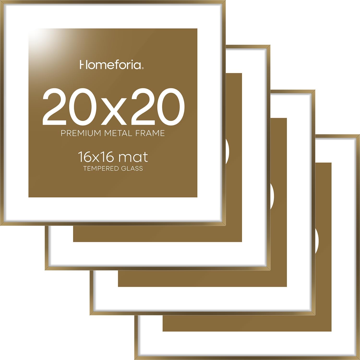 Homeforia 20x20 Picture Bronze Frames, High End Metal 20 x 20 Square Poster Frame with Mat 16 x 16 Photo, 20x20 Brass Frame Matted to 16x16 Print, 20by20 Thin Frames, Tempered Glass, Wall Kit, Set of 4