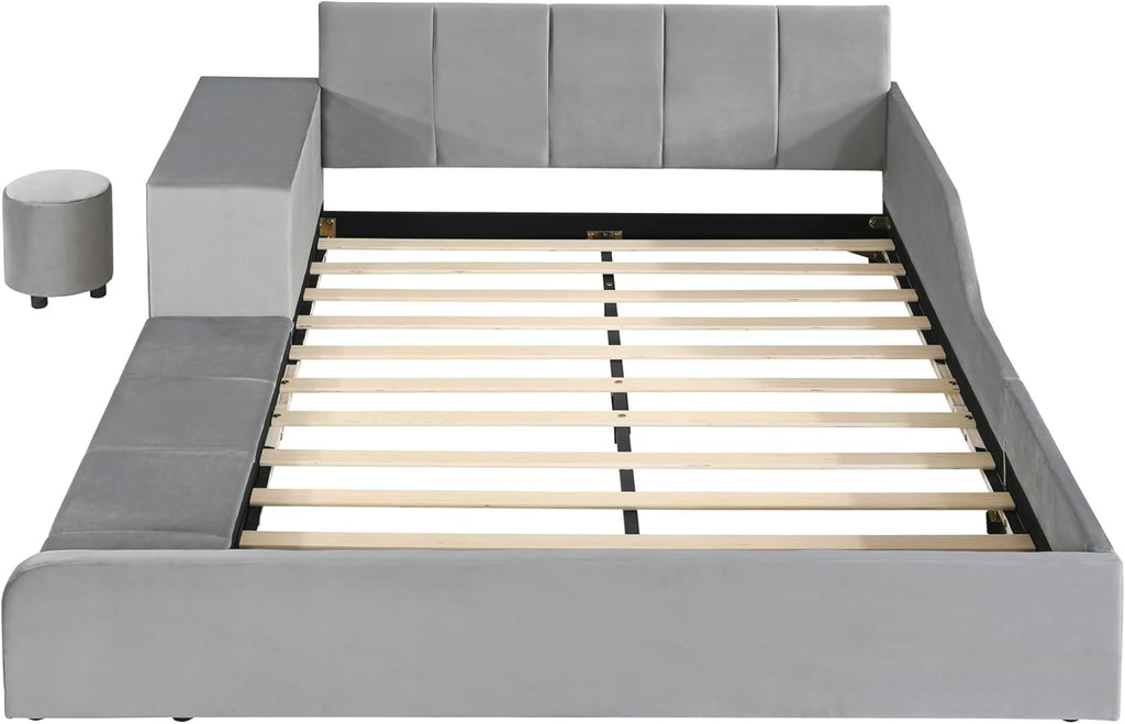 Merax Full Size Velvet Bed Frames Upholstered Grounded Bed, Wooden Mother & Child Bed with Bedside Desk and Little Round Stool,Kids Adults Bedroom Floor Platform Bed,Gray