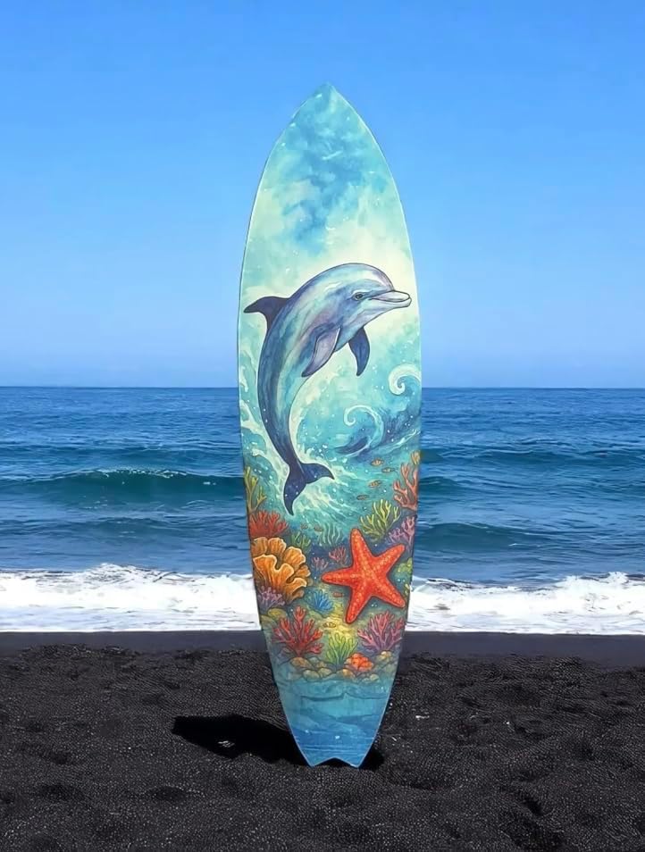 JennyGems Dolphin Surfboard Wall Art Outdoor Coastal PVC Beach House Decor, Ocean Animal Wall Sign, Tropical Underwater Scene with Coral and Starfish, 3 Foot