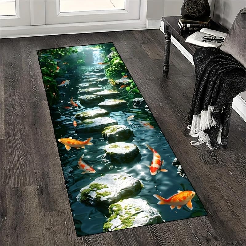3D River Scenery Long Hallway Rug Runners, 4x10ft, Creek Koi Entrance Rug, Breathable Foldable No Crease Durable Rug, Low Pile Non-Shedding Anti-Slip Area Rug for Porch Indoor Sofa