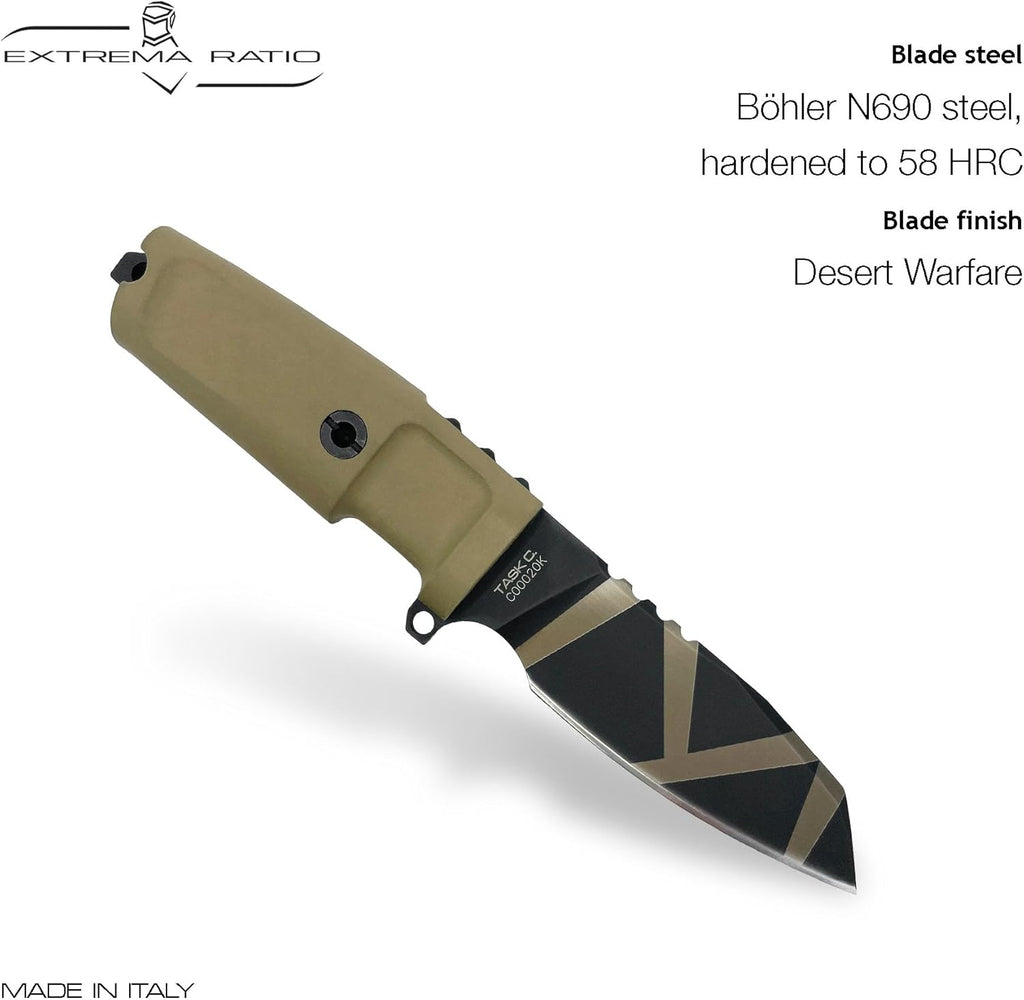 Extrema Ratio - Task C (Desert) Fixed Blade Knife, Böhler N690 Steel Blade Hardened to 58 HRC, Dark Stone-Washed Finish, Full-Tang Design, Ergonomic Forprene Handle, Precision Handcrafted in Italy, Durable and Reliable