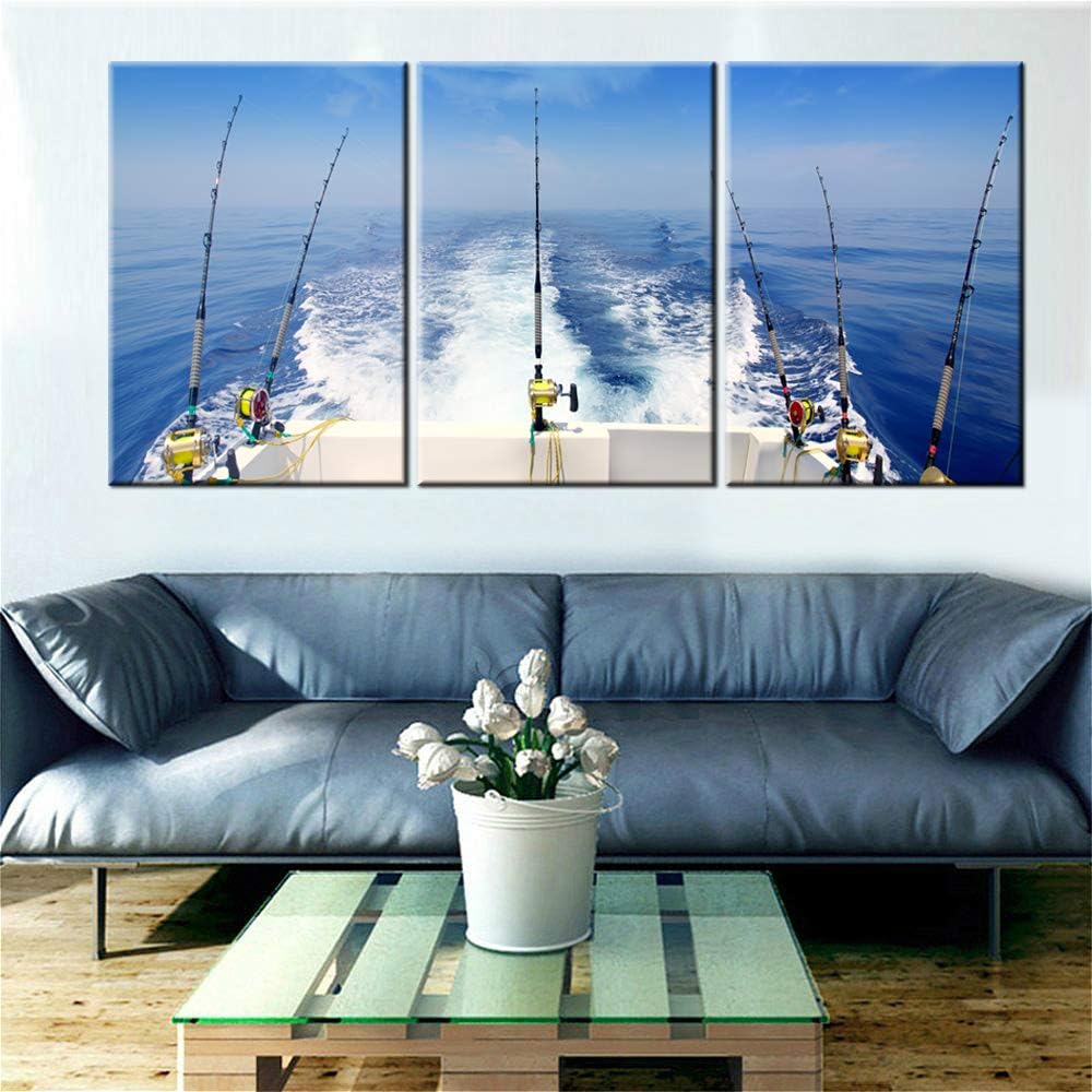 Wall Art for Living Room Fishing Gears and Fisherman Boat Pictures Blue Seascape Paintings Premium Quality Artwork on Canvas Bedroom House Decor Framed Ready to Hang Posters and Prints(60''Wx28''H)