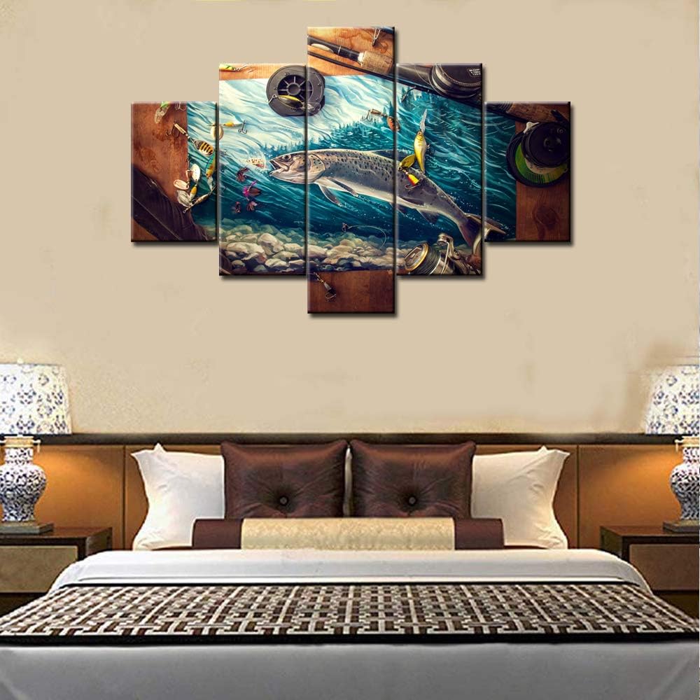 Wall Art for Living Room Fishing Reel and Rod Pictures Fish Angling Paintings 5 Panel Printed on Canvas Landscape Artwork Rustic House Decor Wooden Framed Gallery-Wrapped Ready to Hang(60''Wx40''H)