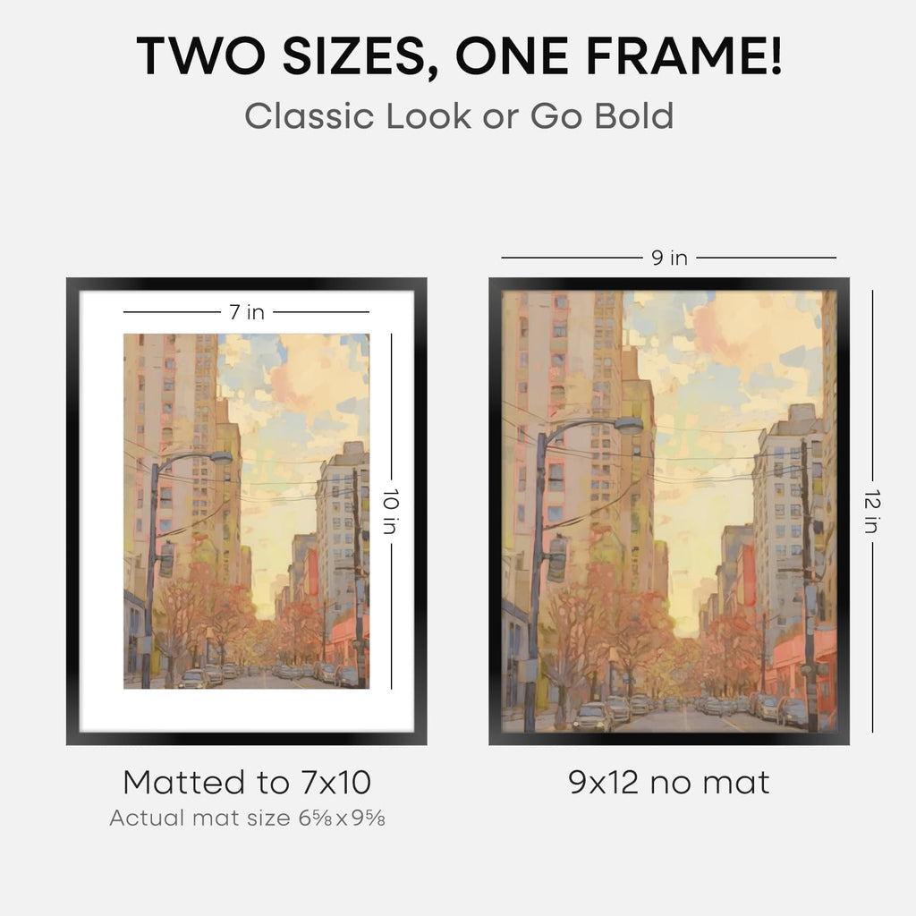 Homeforia 9x12 Picture Frame Black, High End Metal 9 x 12 Poster Frames with Mat 7 by 10 inch Photo, 9by12 Frame Matted to 7x10 in Art, 12x9 Wall or Tabletop Frames, Tempered Glass, Wall Kit, Set of 1