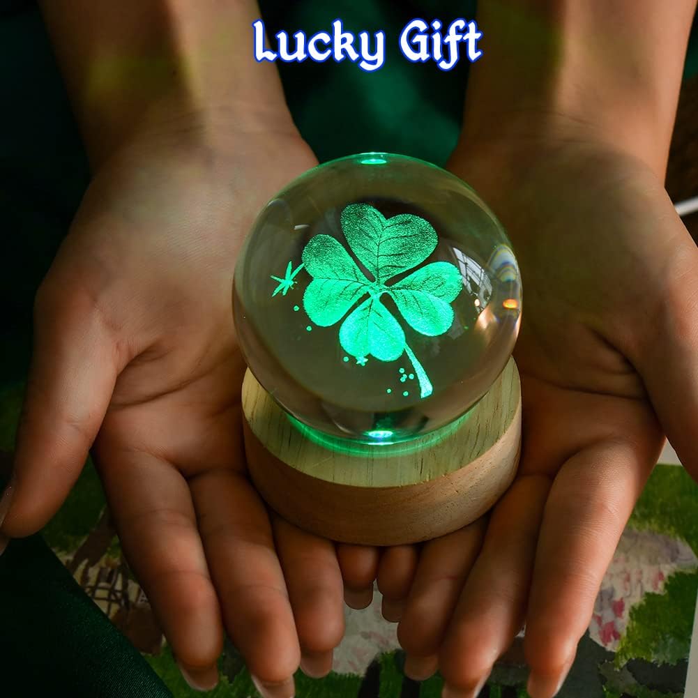3D Four-Leaf Clover Crystal Ball 60mm Good Luck Gifts Ideas with Multicolor Lighting Base