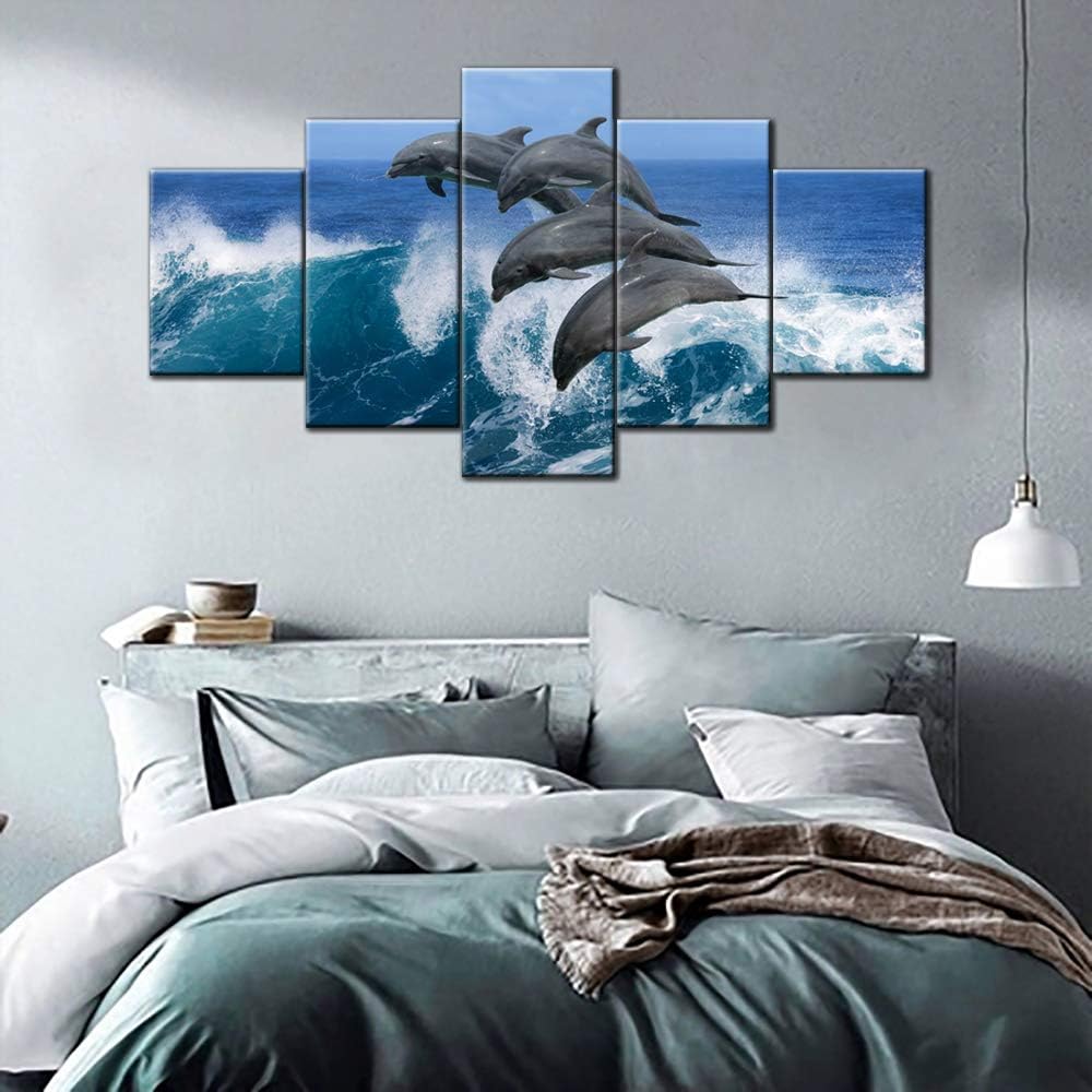 Living Room Decorations Marine Animals Dolphins Pictures Seascape Wall Art 5 Panel Printed on Canvas Artwork for Home Contemporary Paintings Framed Gallery-Wrapped Ready to Hang(60''Wx32''H)