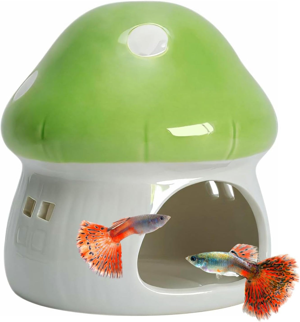 Mushroom Fish Tank Decor, Fish Cave for Aquarium Ceramics Betta Hideout Decoration Cottage Ornament Goldfishes Pleco Cave Hideaway Spawning Decor - Green