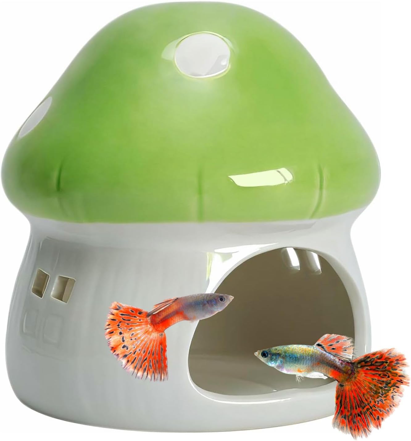 Mushroom Fish Tank Decor, Fish Cave for Aquarium Ceramics Betta Hideout Decoration Cottage Ornament Goldfishes Pleco Cave Hideaway Spawning Decor - Green