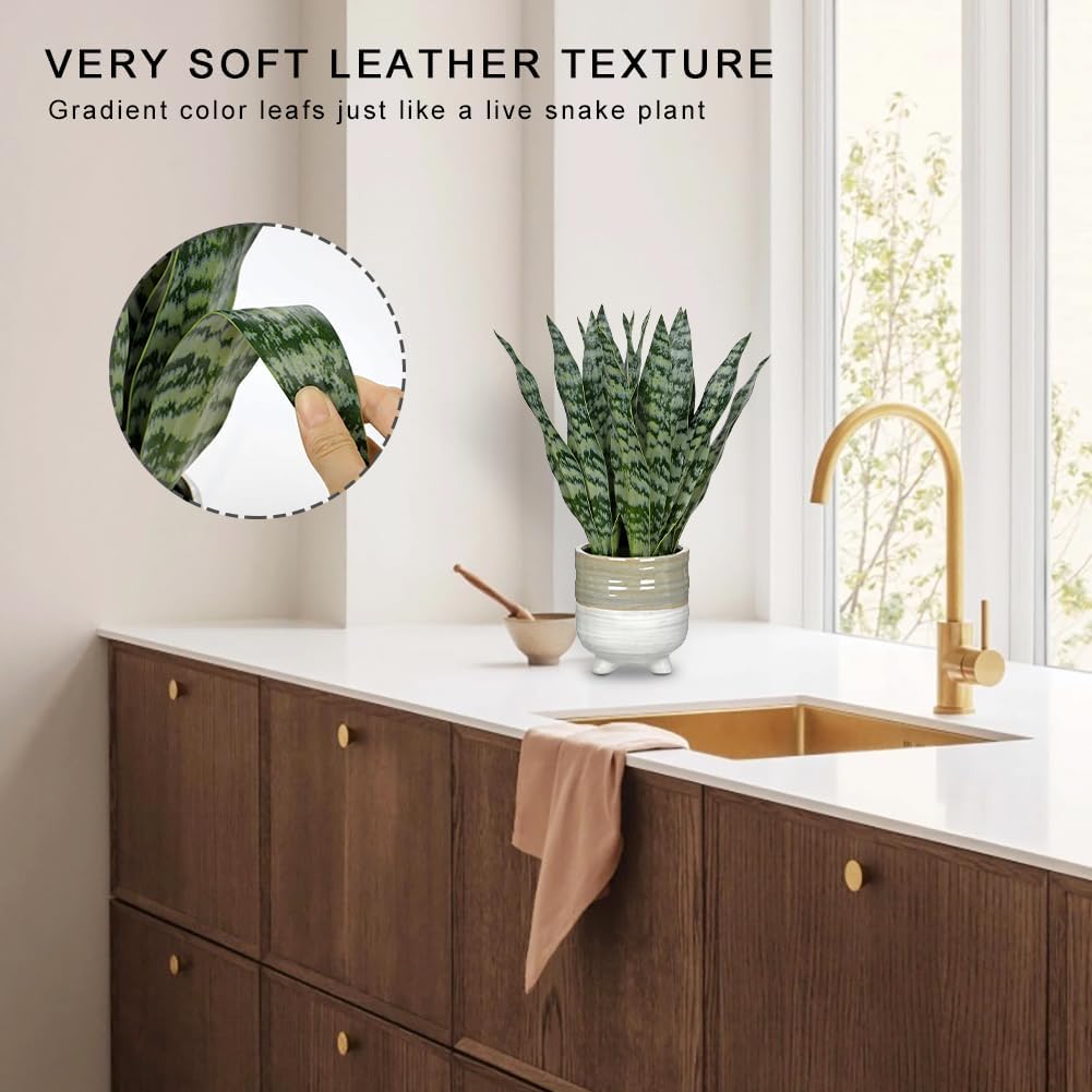 Hollyone Fake Snake Plant 13.5 Inch Large Artificial Snake Plant Potted with Ceramic Pot Faux Sansevieria Plant for Home Office Room Indoor Decor Housewarming Gifts