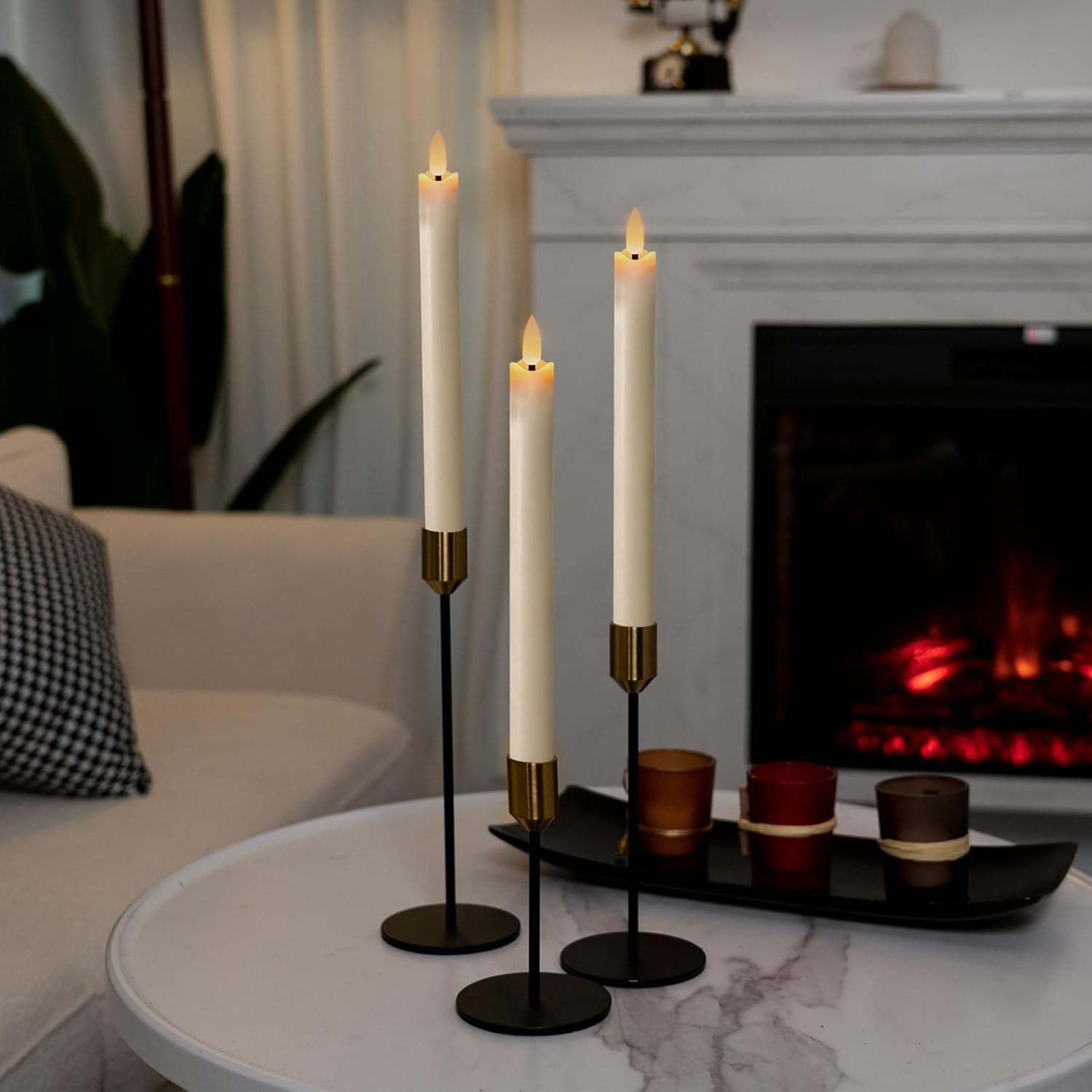Homemory Waxy Flameless Taper Candles with Remote Timer Dimmer, LED Candlesticks Flickering, Battery Operated Window Candles, 9.6 Inches for Christmas Wedding Celebration Decor, Ivory, 6 Pcs