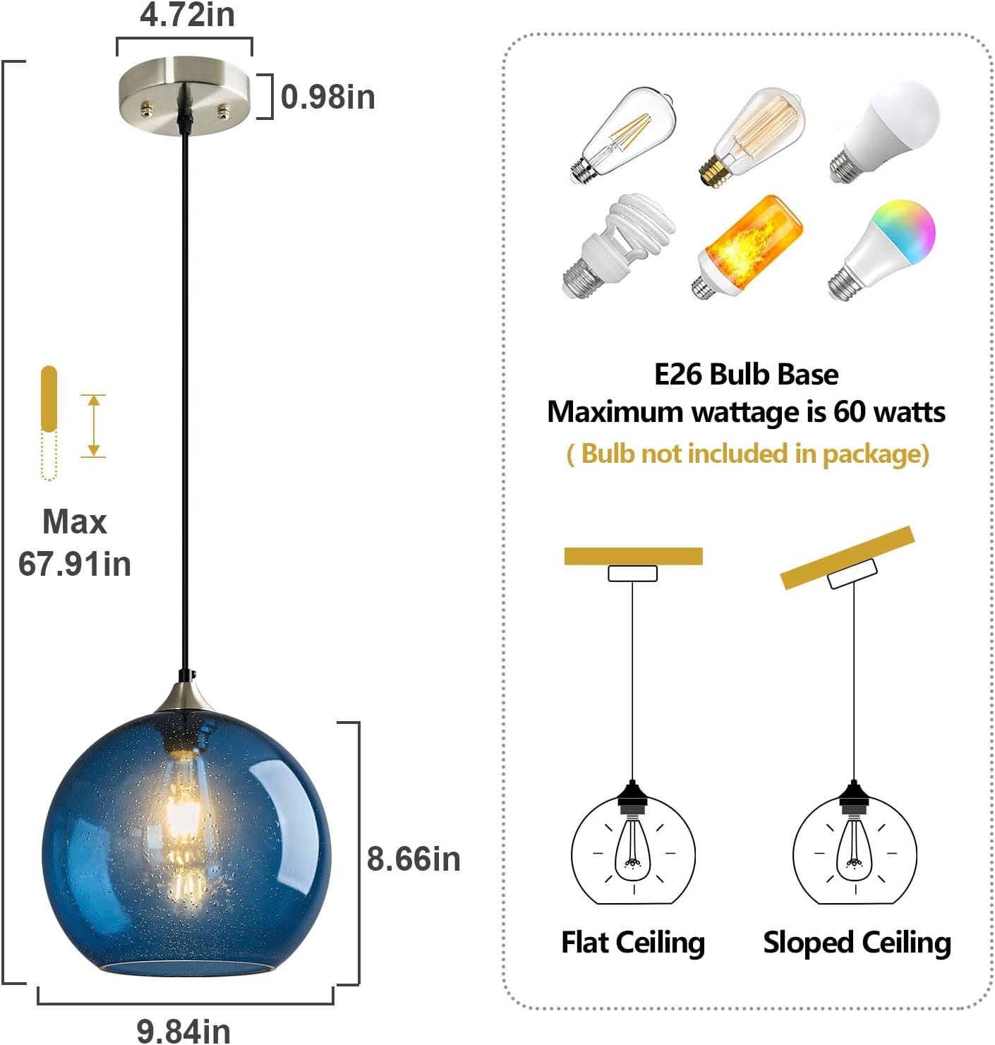 Blue Glass Pendant Lights Kitchen Island Lighting Globe Pendant Light Fixtures Modern Pendant Lighting for Kitchen Island Bedroom Living Dining Room Light Fixture(9.84in, 3-Pack)