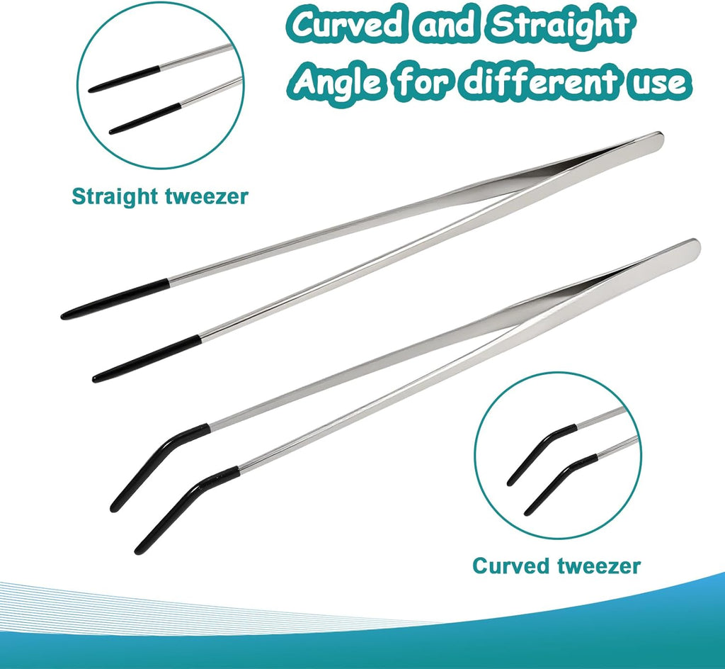 2 Pack Extra Long Stainless Steel Reptile Feeding Tongs with Rubber Tip - 10.6" Straight And Curved Long Tweezers for Aquariums, Feeder for Beard Dragons, Lizard and Snakes (Silver)