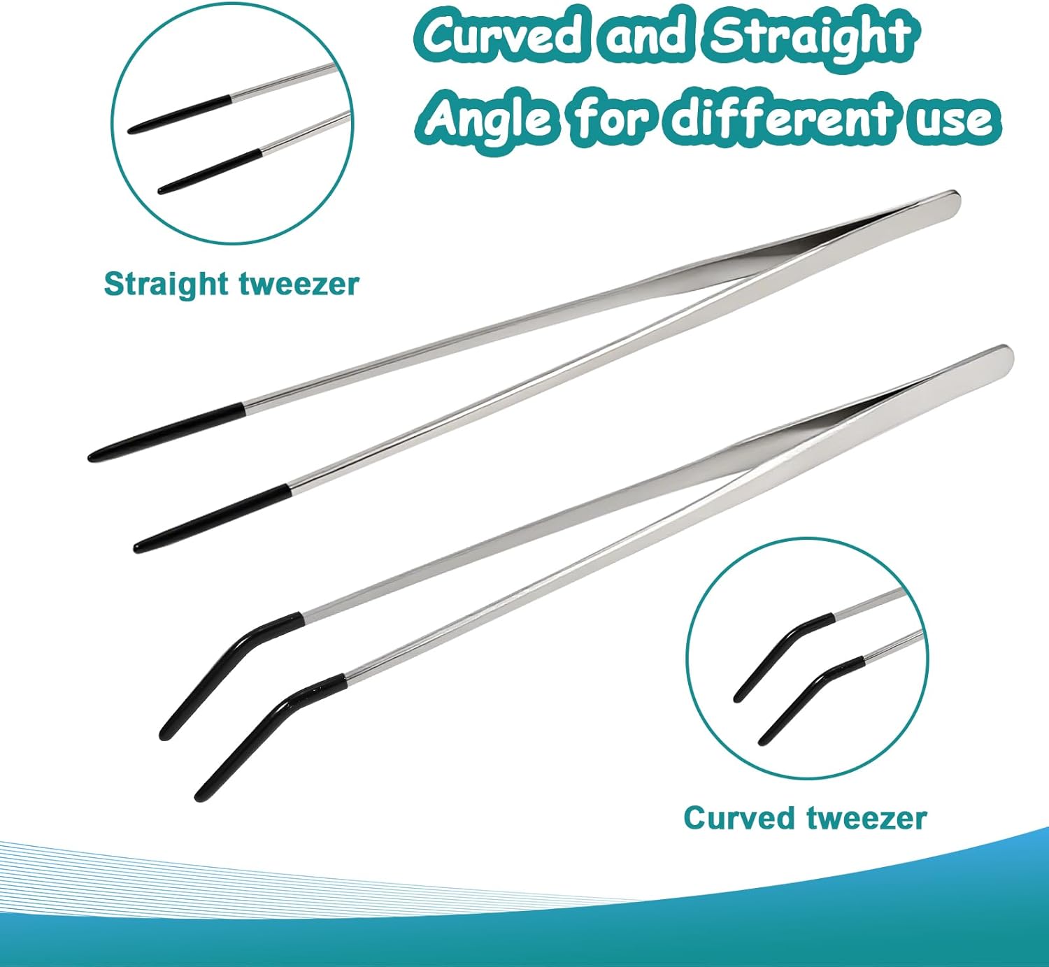 2 Pack Extra Long Stainless Steel Reptile Feeding Tongs with Rubber Tip - 10.6" Straight And Curved Long Tweezers for Aquariums, Feeder for Beard Dragons, Lizard and Snakes (Silver)
