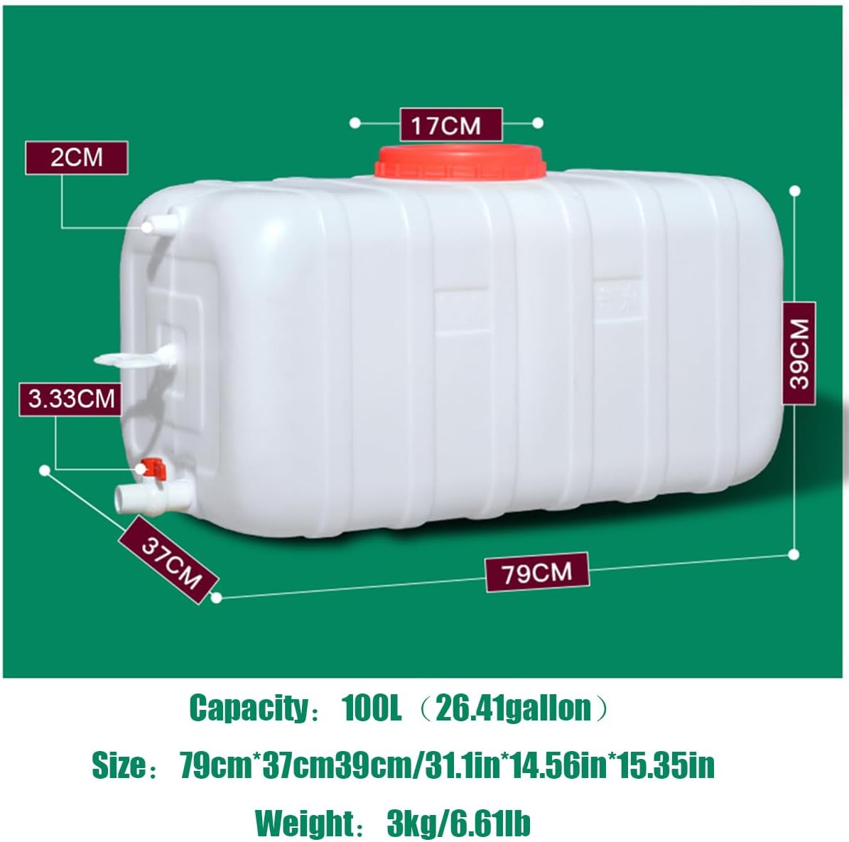 Food Grade Water Carrier 45L/75L/100L/200L Water Container Water Container with Faucet，Portable Water Storage Jug Perfect for Outdoors Camping Hiking Emergency(Size:100L/26.41gal)